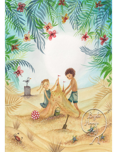 Ansichtkaart zandkasteel bijdehansje
