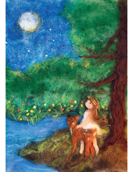 Ansichtkaart meisje bij maan Het Wol Feetje