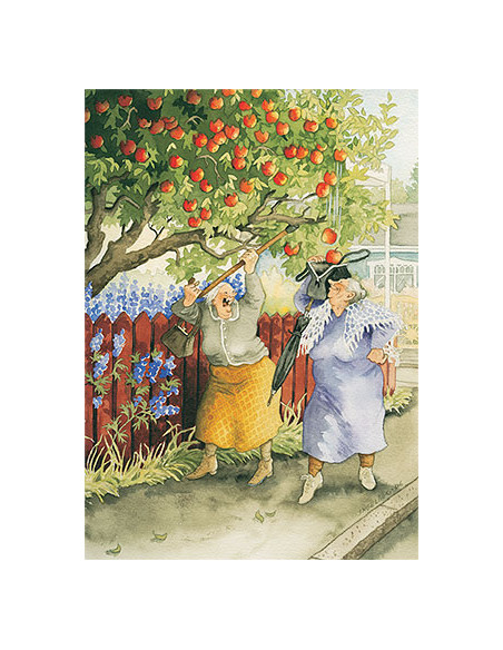 Ansichtkaart appels plukken Inge Löök