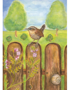 Ansichtkaart vogel op hek Heike Stinner
