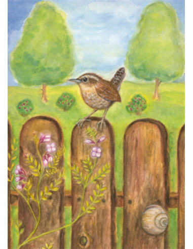 Ansichtkaart vogel op hek Heike Stinner
