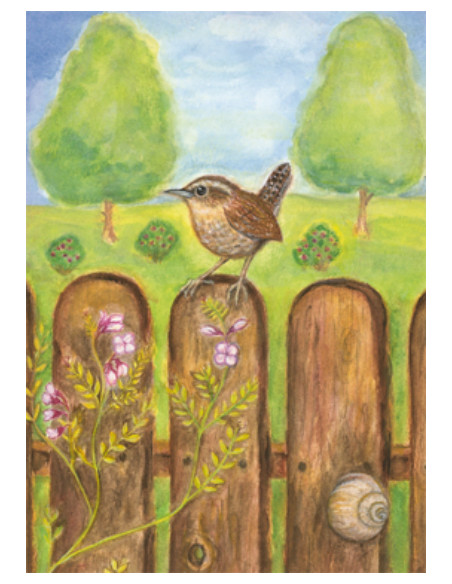 Ansichtkaart vogel op hek Heike Stinner