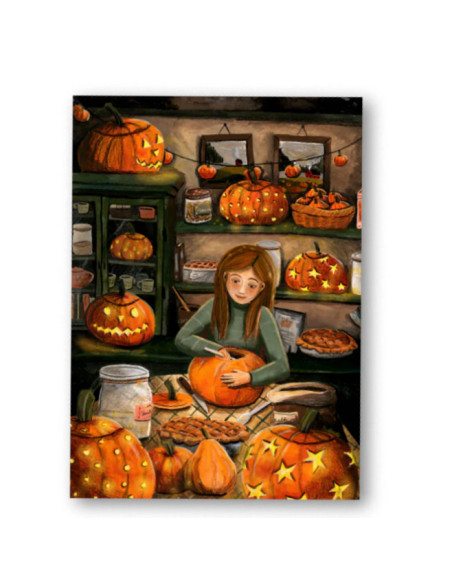 Ansichtkaart pompoen snijden Esther Bennink