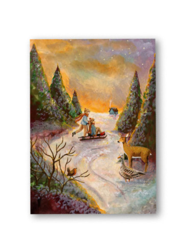 Ansichtkaart sleeën Esther Bennink